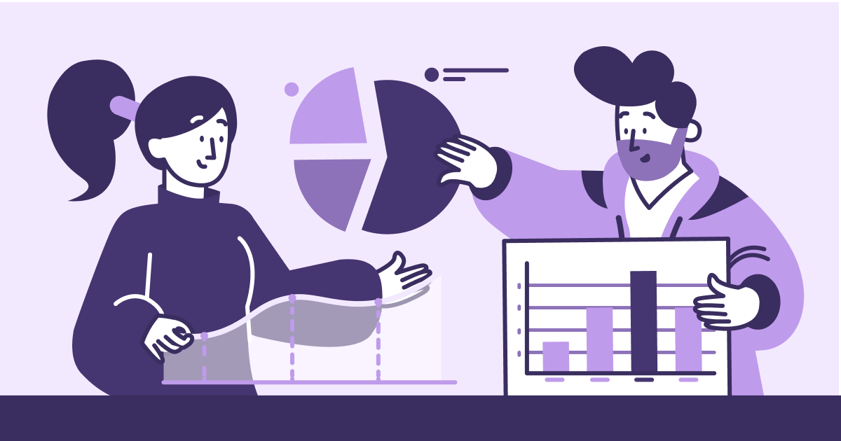 Infographics Illustrations (light purple background with linear illustration style two people conversing with charts and graphs around them)