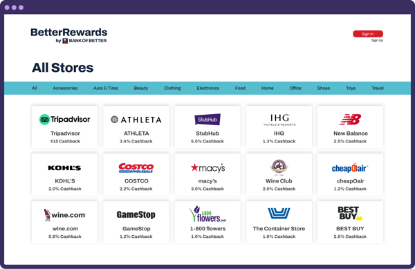 BetterRewards Offer Wall in Dark Purple Browser Frame (merchants include tripadvisor, athleta, stubhub, etc.)