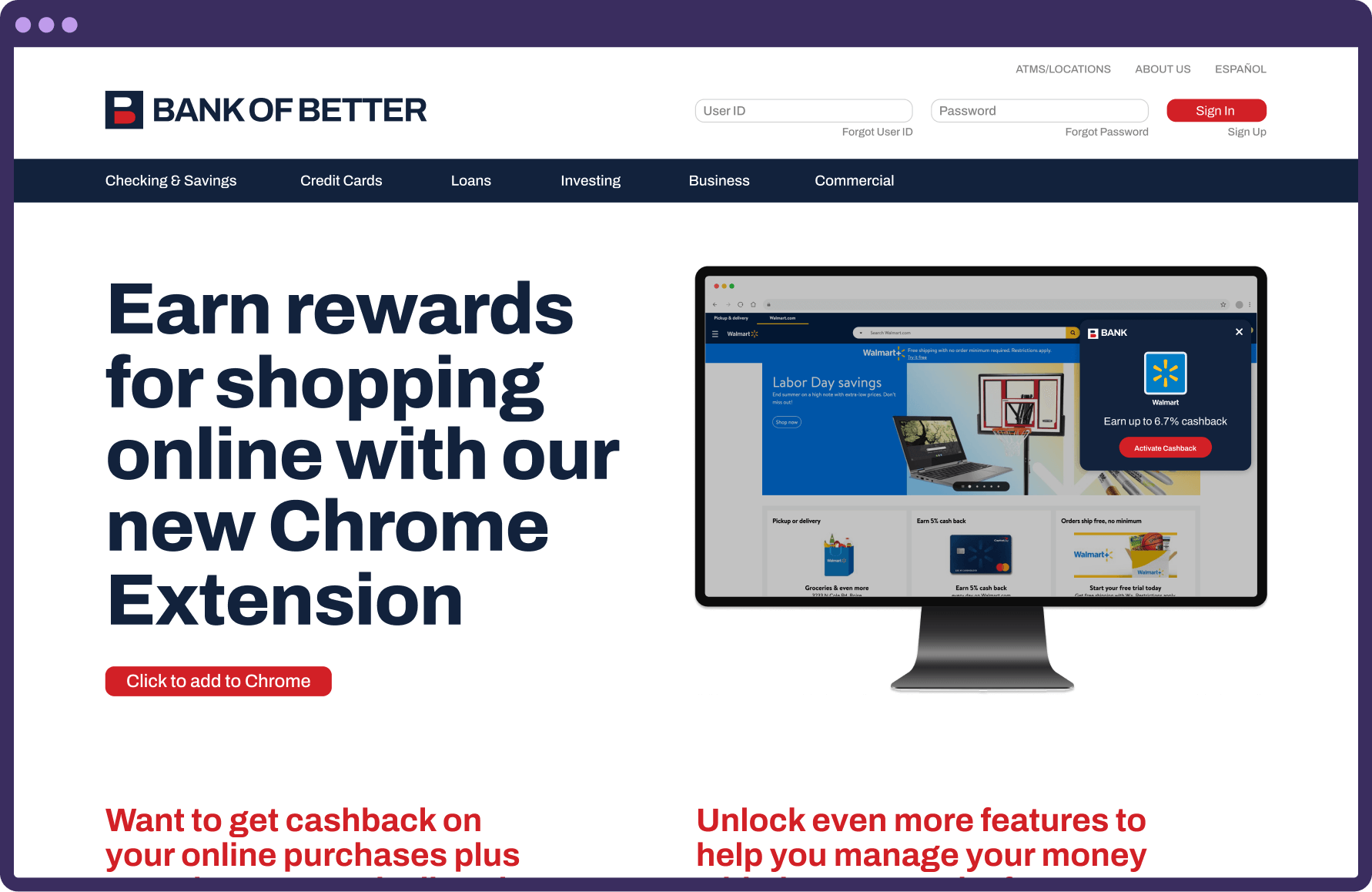 Generic Bank of Better Rewards Landing Page that says earn rewards for shopping online without new chrome extension in Dark Purple Browser Frame