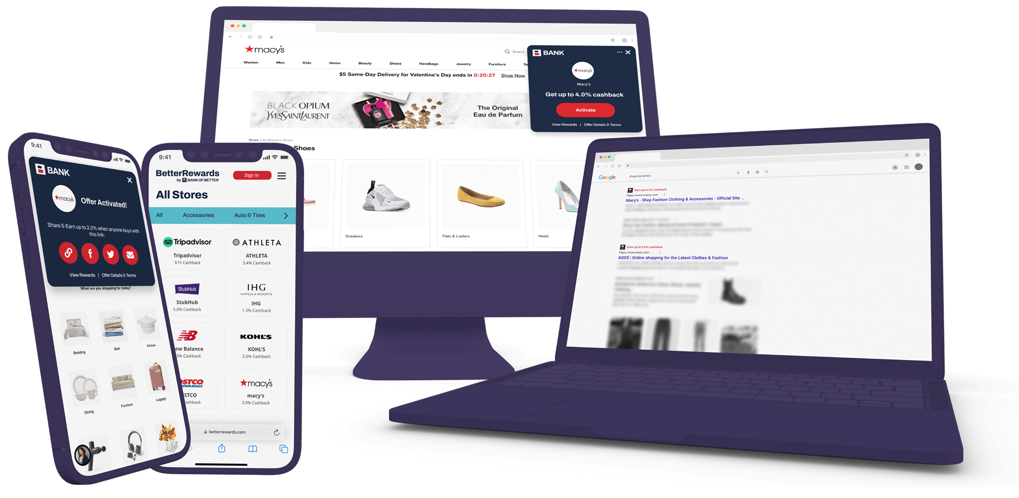 Composition of Purple 3D clay devices showing the product offerings. Left to Right mobile devices with alert, mobile device with offer wall, desktop monitor with alert, and laptop with search engine results.