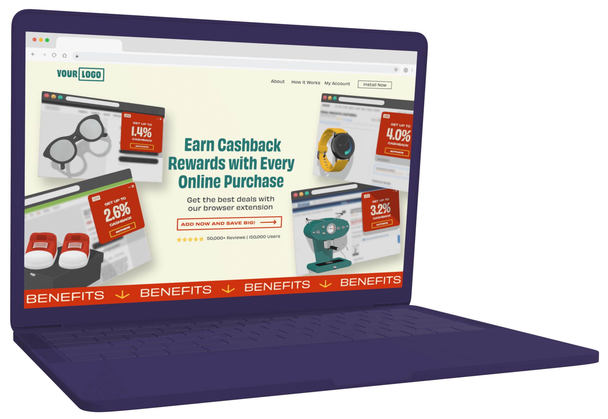 YourLogo homepage "earn cashback rewards with every online purchase" dark purple clay laptop mockup