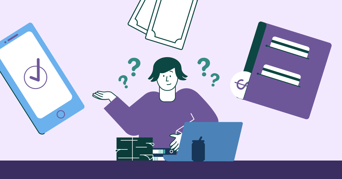 Wildfire Blog Illustration (light purple background with linear illustration style person looking confused with a stack of paper a phone, dollars, and credit cards floating around them)