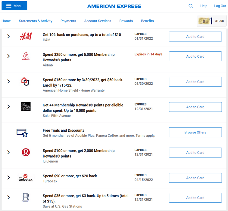 amex card linked offer wall