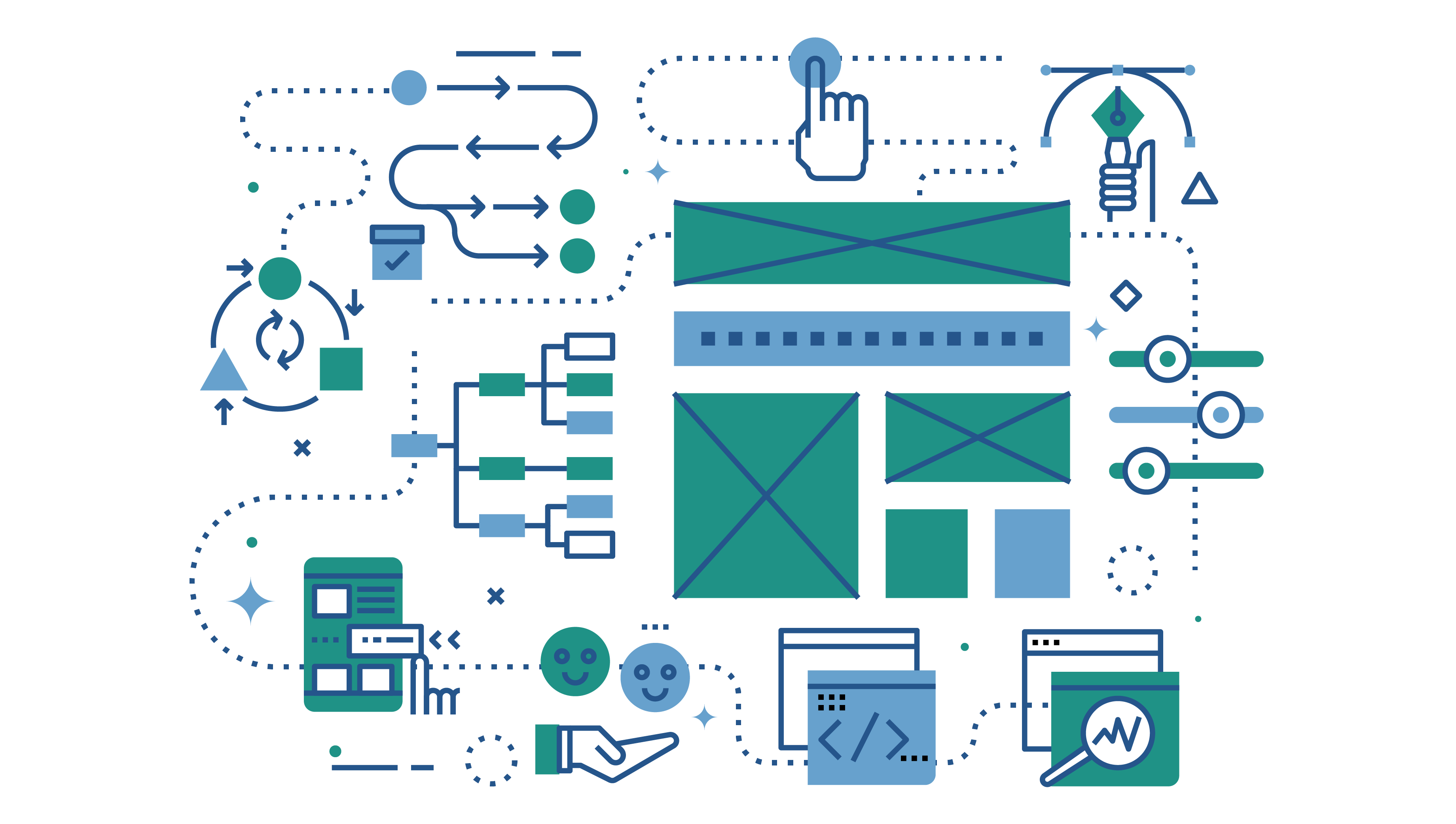 Illustration to Represent Build_Your_Cashback_Vision_with_Datafeeds_APIs in green and blue with lines and connected paths all around)