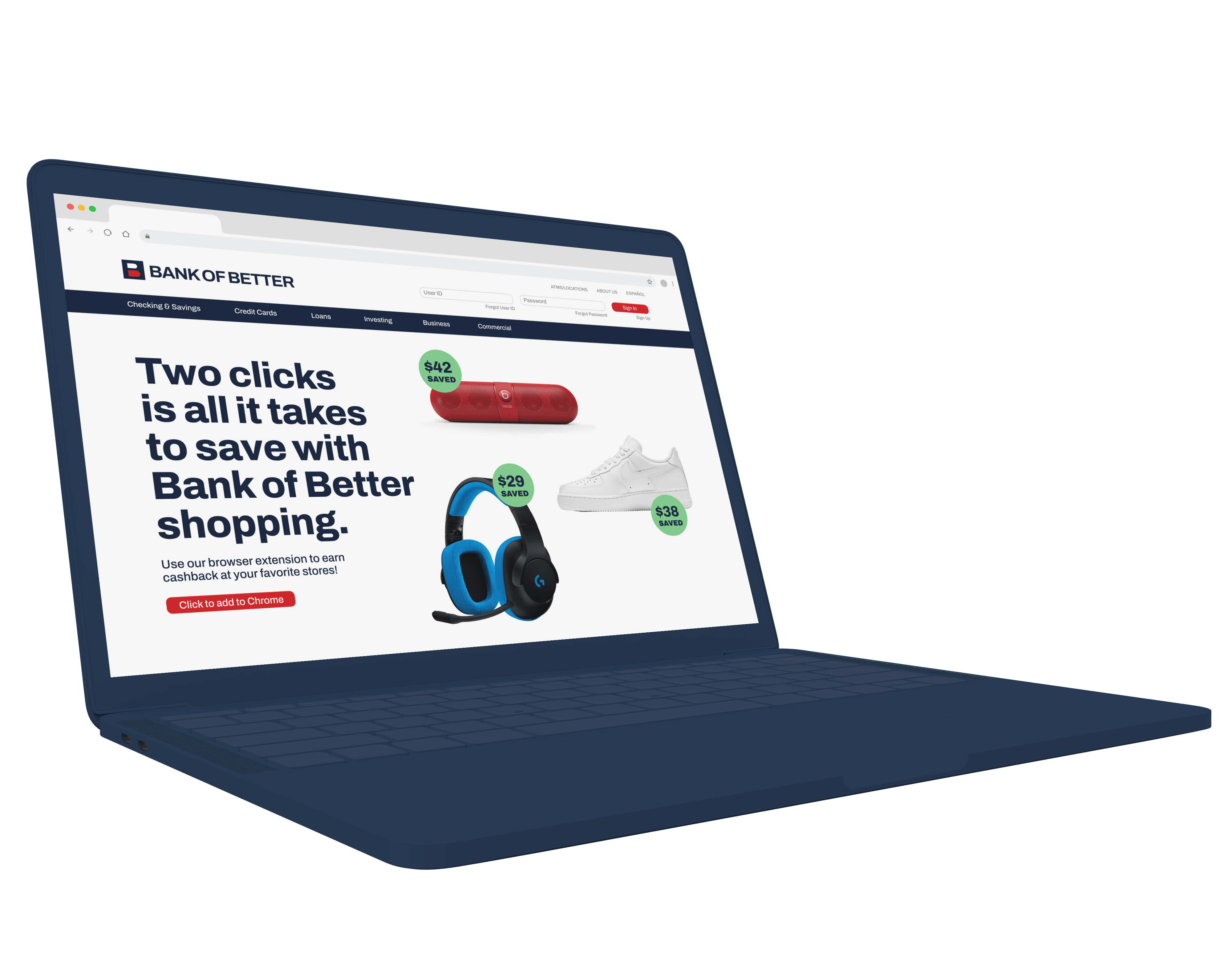 generic Bank of Better Landing Page that says Two clicks is all it takes to save with Bank of Better shopping on Dark Purple Clay Laptop Mockup
