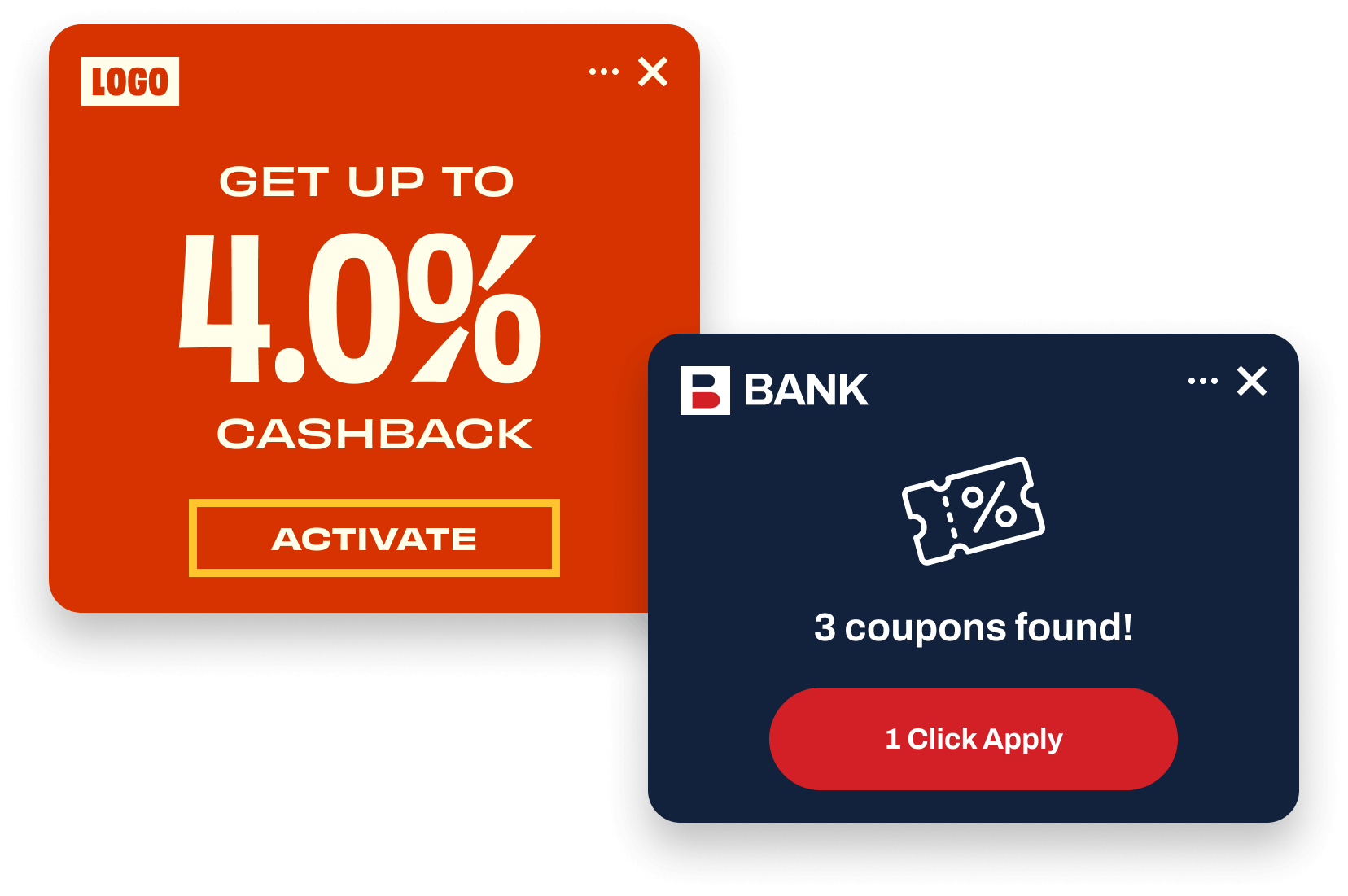 Extension Alerts Collaged — Alert on left is red orange with generic logo rectangle in top right, Get up to 4.0% Cashback, and Activate button. Alert on the right is dark blue has a generic bank logo, coupon icon, 3 coupons found! and button that says 1 Click Apply.