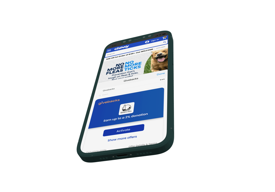Givebacks Eligible Merchant Alert for Chewy Clay Dark Green iPhone 12 Mobile Mockup angled to face the left and up