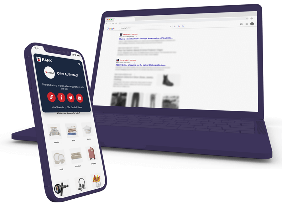 Composition of Purple 3D clay devices showing the product offerings. Left to Right mobile devices with alert and laptop with search engine results.