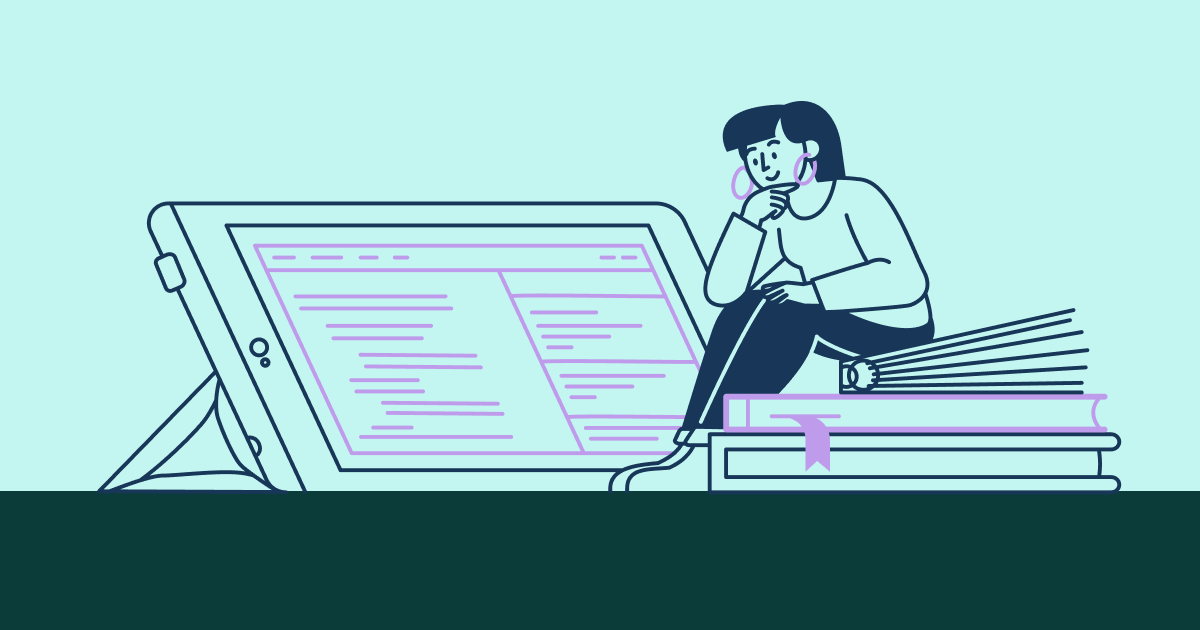 The Ultimate Guide to Cashback Rewards Illustration (light green background with linear illustration style a person with hoops and bangs sitting on a stack of books looking at a tablet with lines to represent content on it)