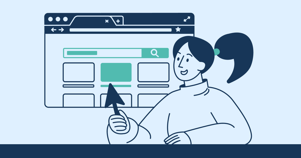 Wildfire Support Illustration (light blue background with linear illustration style of person with pony tail holding a large cursor in front of a browser window that has squares and a search bar)