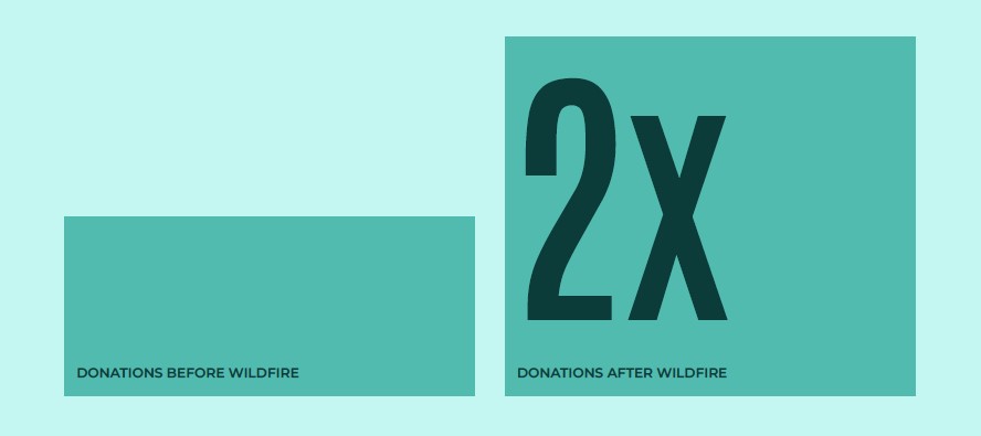 Givebacks Case Study Results Visual Data Graph. Vibrant light green background with two bar graph one on left says "DONATIONS BEFORE WILDFIRE" and one on right says "2x DONATIONS AFTER WILDFIRE"