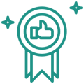 Icon to reflect Flexible APIs for Custom Cashback Solutions (green mono-linear icon with thumbs up inside a circle with ribbons below and stars surrounding)