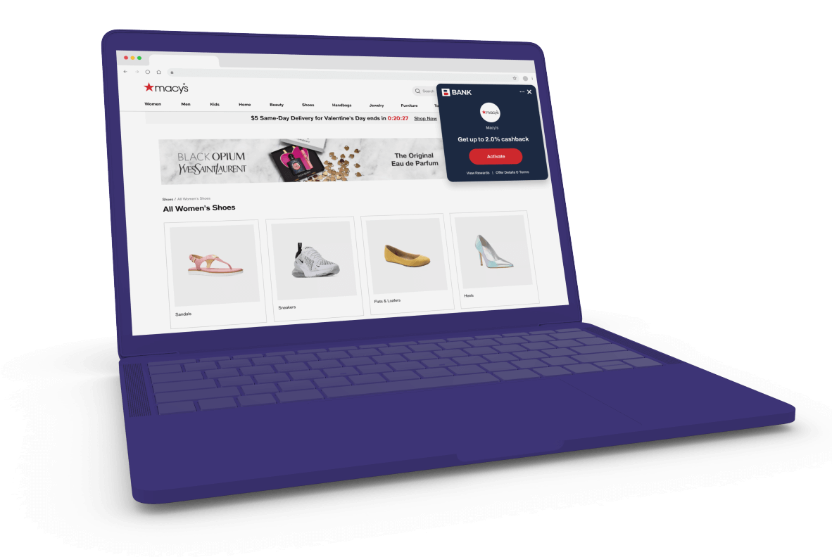 Turnkey_Cashback_Browser_Extensions-Hero_Image Purple Clay Laptop Mockup with a merchant window open and a generic bank eligible cashback alert