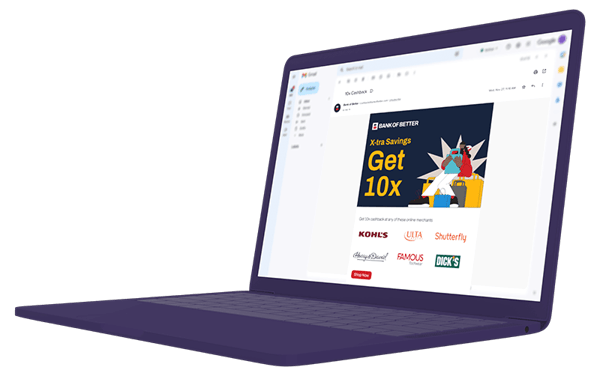Purple clay laptop mockup showing email campaign preview for 10x cashback at popular merchants