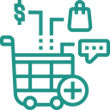 Icon to reflect Instant Merchant Connections (green mono-linear shopping cart with dollar sign, shopping bag, and messaging, and plus icon surrounding)