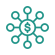 Icon to reflect reach customers earlier in the buying journey (green mono-linear icon with $ inside a circle that has many lines and smaller circles extending beyond it)