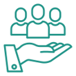 Icon to reflect Owned and Reinforced Branding (green mono-linear icon with a hand and three person torsos floating above it)