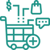 Icon to reflect Natural Buying Journey (green mono-linear shopping cart with dollar sign, shopping bag, and messaging, and plus icon surrrounding)