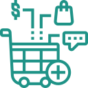 Icon to reflect anything buy "salesy" (green mono-linear shopping cart with dollar sign, shopping bag, and messaging, and plus icon surrounding)