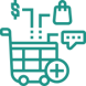 Icon to reflect Share and Earn (green mono-linear shopping cart with dollar sign, shopping bag, and messaging, and plus icon surrrounding)