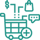 Icon to reflect More than a Shopping Portal (green mono-linear shopping cart with dollar sign, shopping bag, and messaging, and plus icon surrounding)