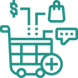 Icon to reflect Share and Earn (green mono-linear shopping cart with dollar sign, shopping bag, and messaging, and plus icon surrrounding)