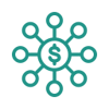 Icon to reflect Revenue Share Pricing Model (green mono-linear icon with $ inside a circle that has many lines and smaller circles extending beyond it)