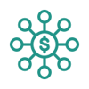 Icon to reflect Revenue Share Pricing Model (green mono-linear icon with $ inside a circle that has many lines and smaller circles extending beyond it)