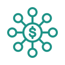 Icon to reflect Monetize Word of Mouth (green mono-linear icon with $ inside a circle that has many lines and smaller circles extending beyond it)