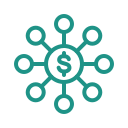 Icon to reflect Monetize Word of Mouth (green mono-linear icon with $ inside a circle that has many lines and smaller circles extending beyond it)