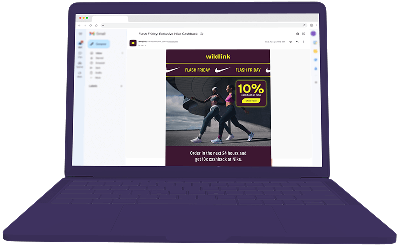 Purple clay laptop mockup showing email campaign preview for flash friday 10% cashback at nike