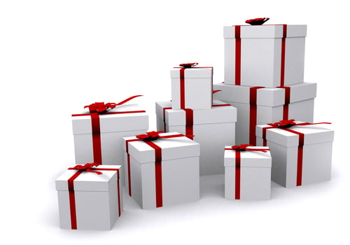 gifts over white wrapped in white paper with red ribbons - 3d render