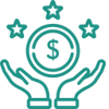 Icon to reflect Your Brand is front and center (green mono-linear icon with two hands and a coin with $ and three stars above it)