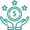 Icon to reflect Increased Incremental Revenue (green mono-linear icon with two hands and a coin with $ and three stars above it)