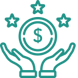 Icon to reflect White-labeled to put your brand front and center (green mono-linear icon with two hands and a coin with $ and three stars above it)