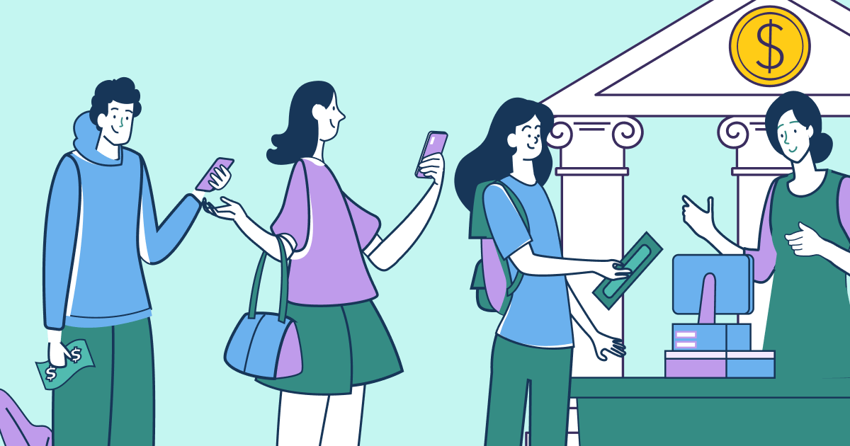 People standing in line at a bank